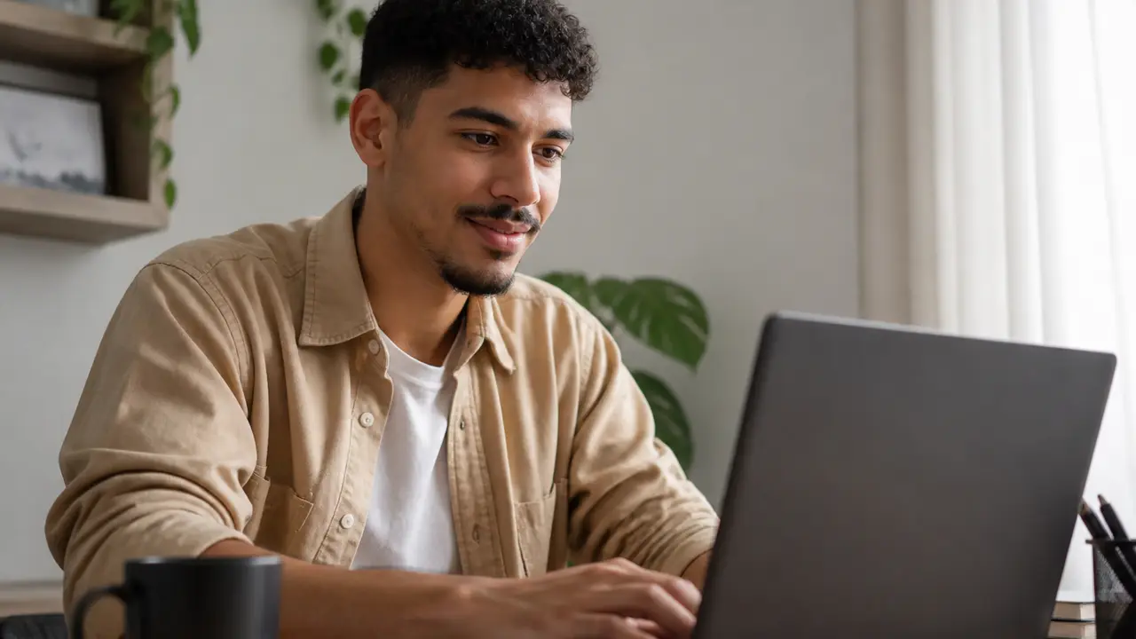 Jovem adulto montando perfil profissional em notebook para busca do primeiro emprego
