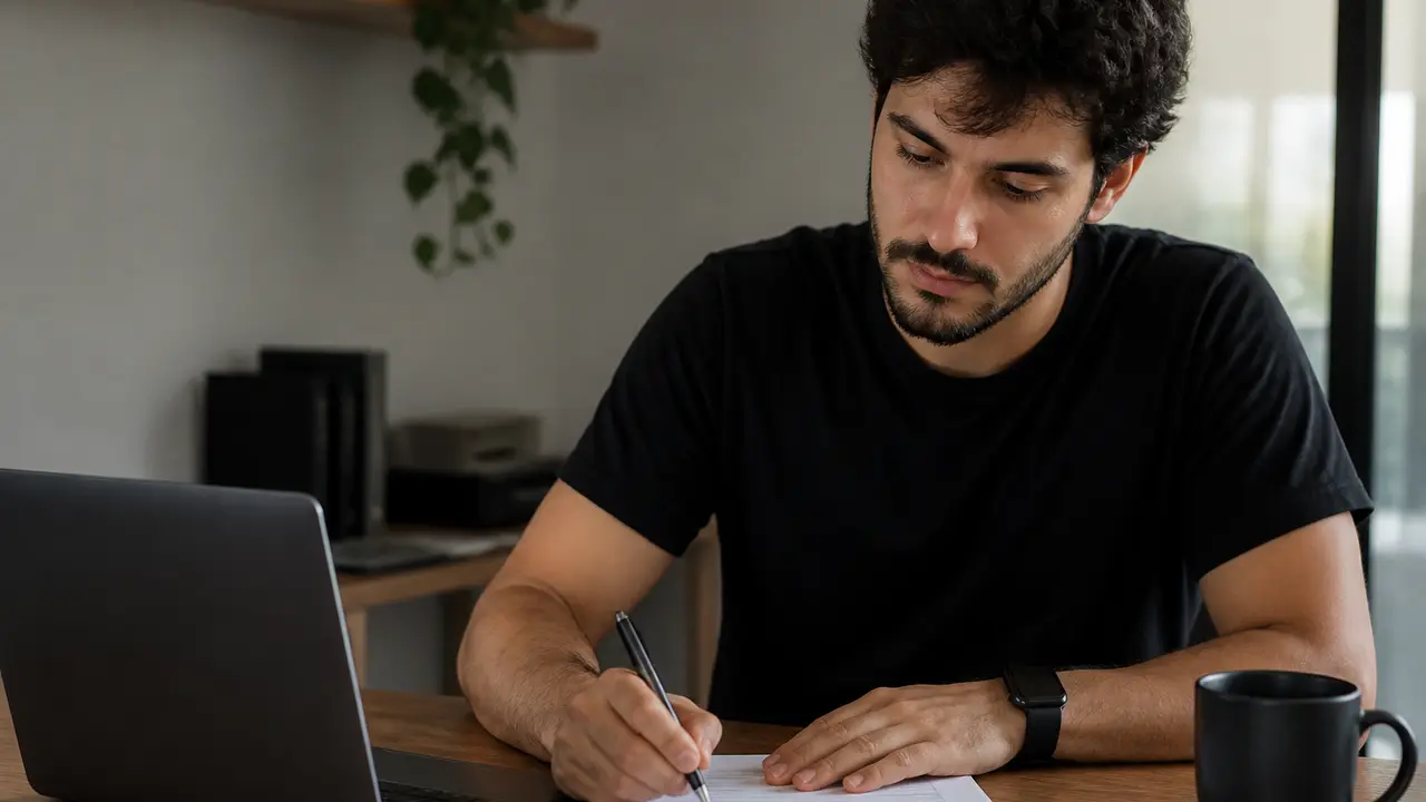 Pessoa jovem organizando anotações ao lado de um notebook para montar o currículo