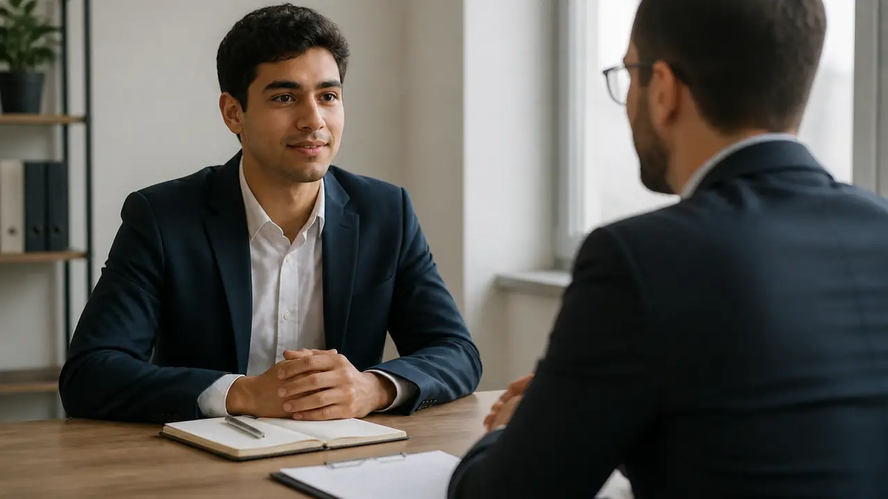 Candidato e recrutador conversando em entrevista profissional em escritório