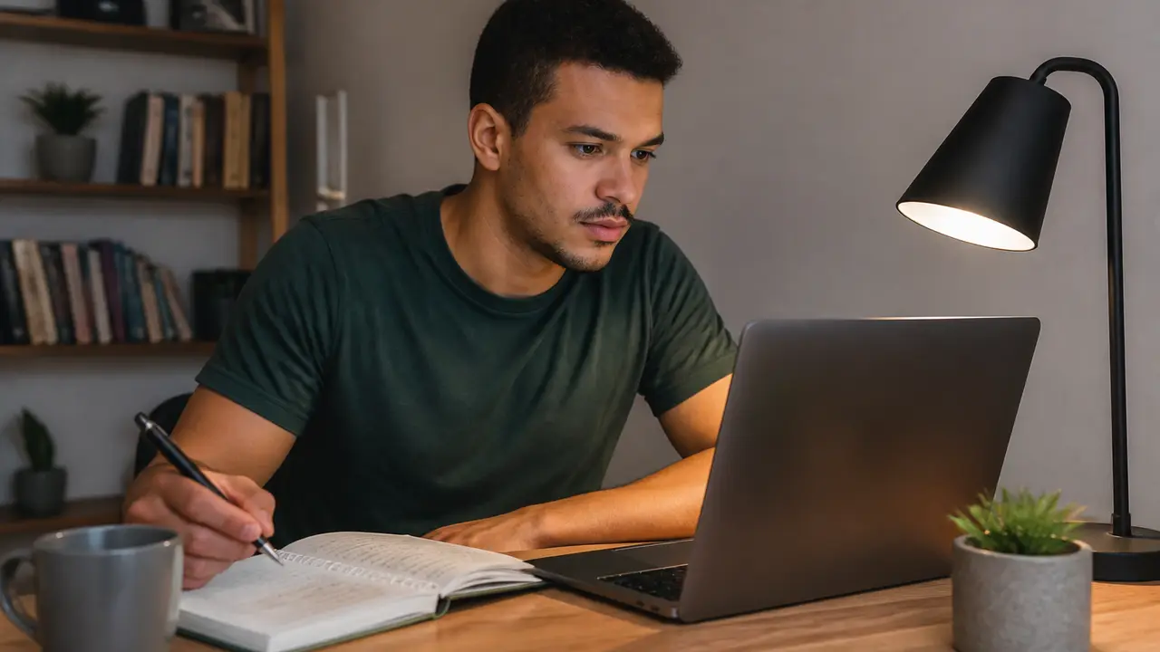 Pessoa pesquisando informações de uma empresa no notebook antes de uma entrevista